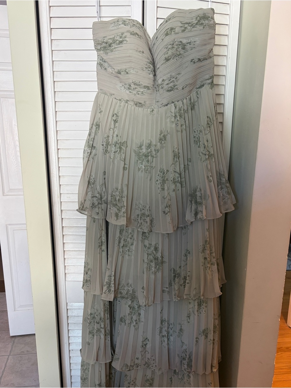 Strapless Pleated Floral Midi Dress in Sage Green